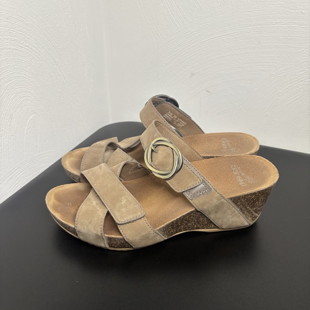 DANSKO Susie Taupe Milled Nubuck Leather Wedge Heel Sandals Strappy 38 / 7.5 - 8